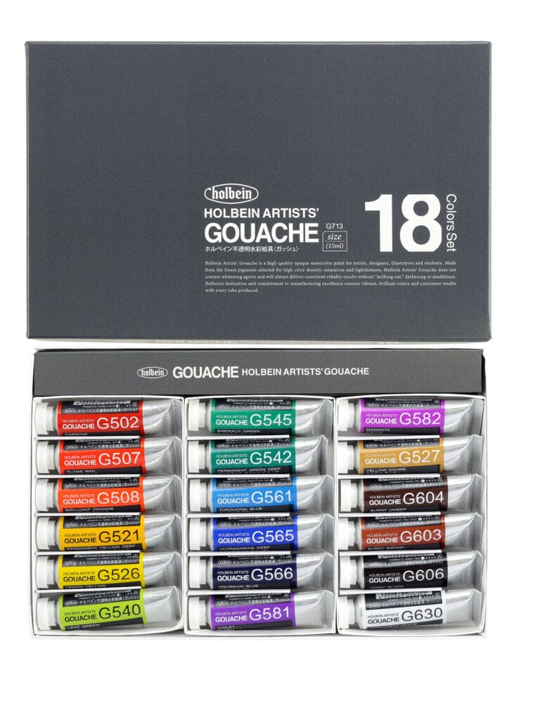 Holbein - Artists' Gouache - Set of 18 Colours - 15mL Tubes