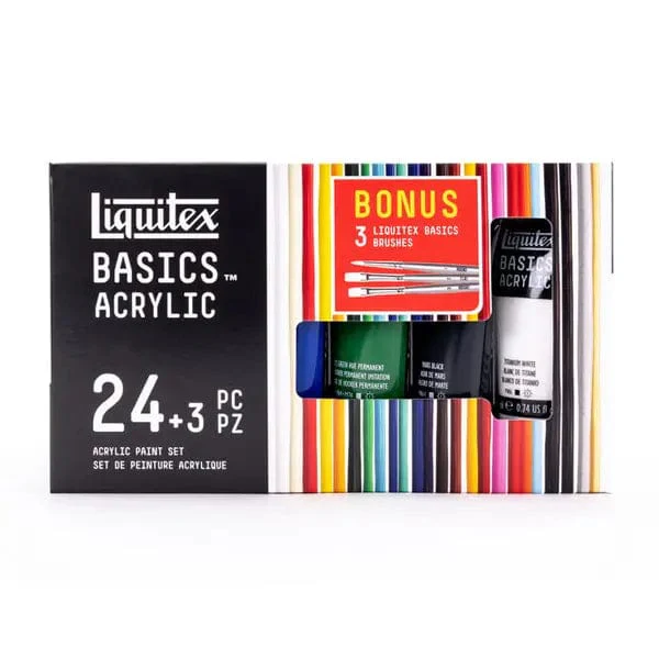 Liquitex - Basics Acrylic Colours - Set of 24 x 22mL Tubes with 3 Bonus Brushes