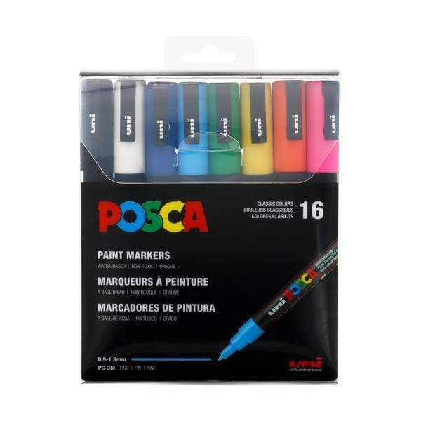 Uni - Posca - Paint Marker Set - 16 Pieces - Basic Colours - Fine Tip - PC-3M