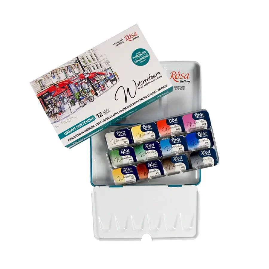 ROSA Gallery - Professional Watercolours - Urban Sketching Palette - 12 Colour Travel Set