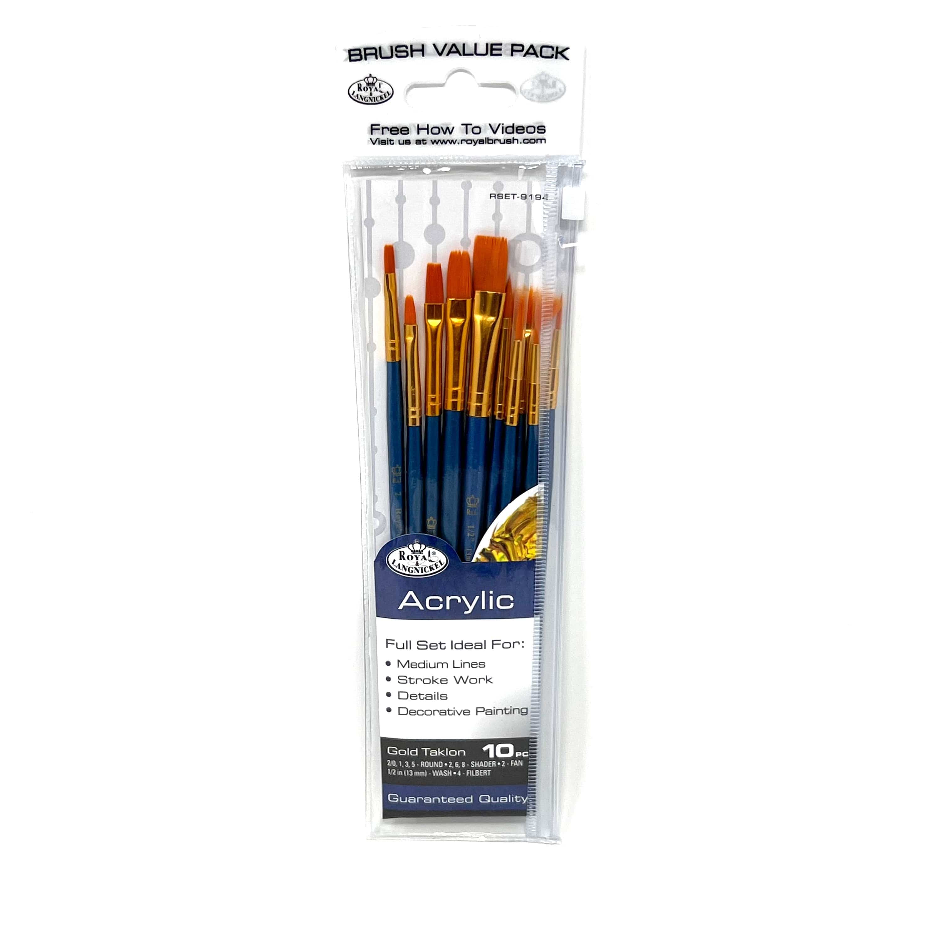 Royal & Langnickel - Brush Value Pack - 10 Gold Taklon Brushes - Variety Set