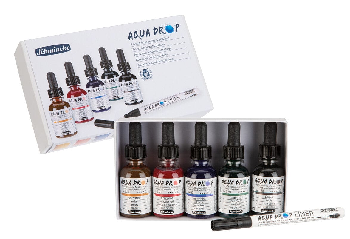 Schmincke - Aqua Drop - Liquid Watercolour - Set of 5 x 30ml Colours + Liner