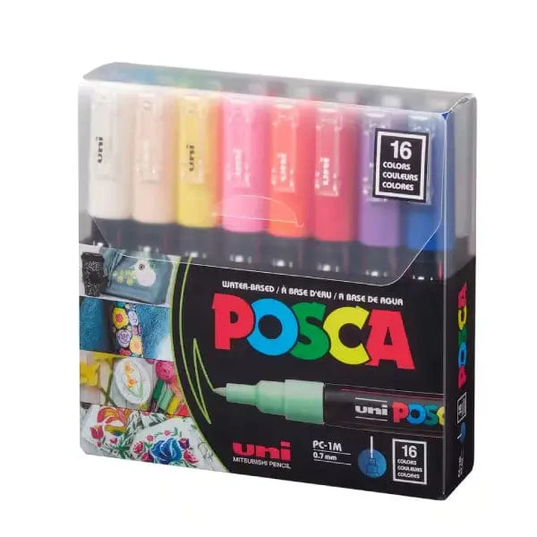 Uni - Posca - Paint Marker Set - 16 Pieces - Basic Colours - Extra-Fine Tapered Point - PC-1M